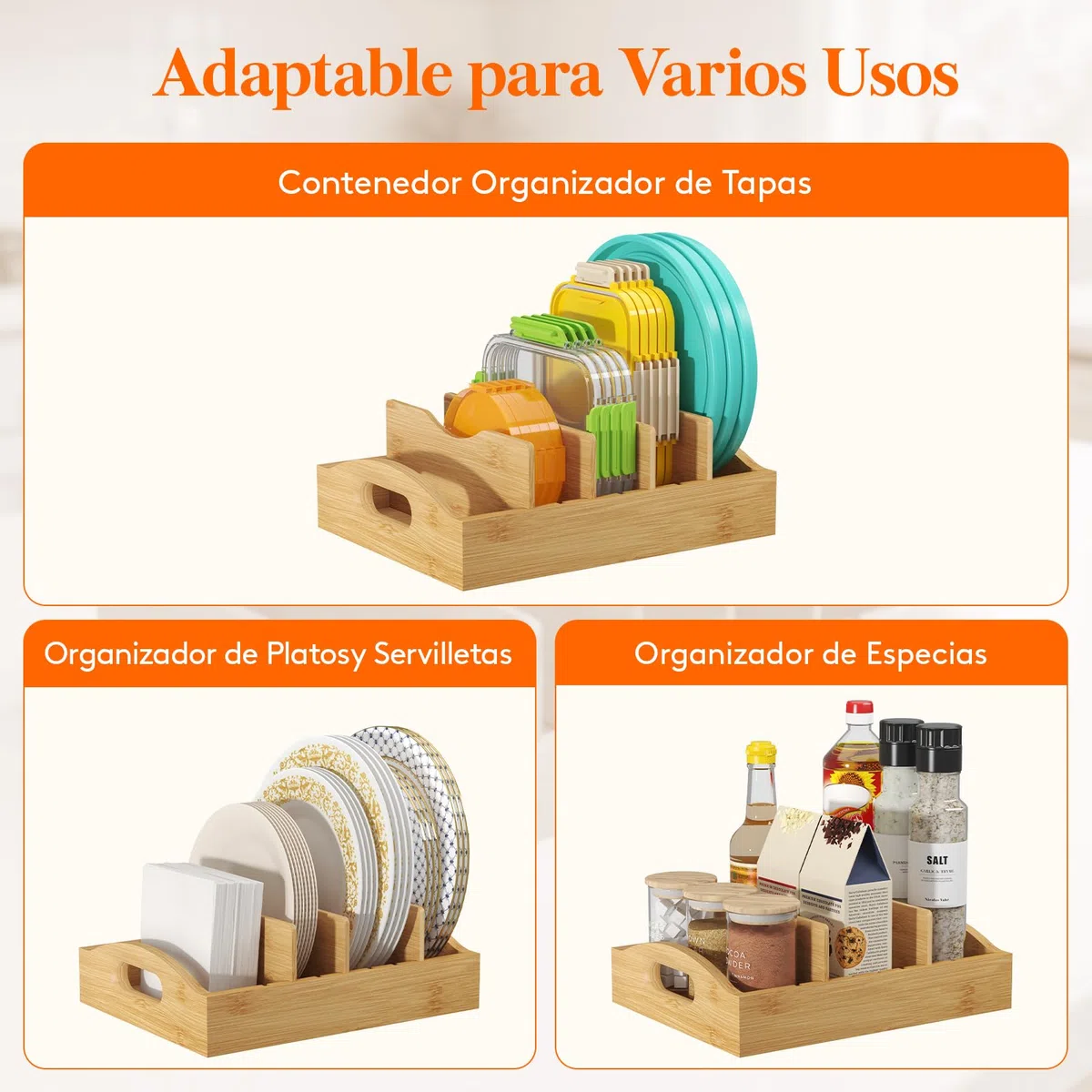 Lifewit Organizador Tapas de Bambú, Salvaspazio Organizadors Platos Armario Cocina con con 4 Divisores Ajustables, Soporte para Tapas de Recipientes de Almacenamiento de Alimentos, 27 x 21 cm