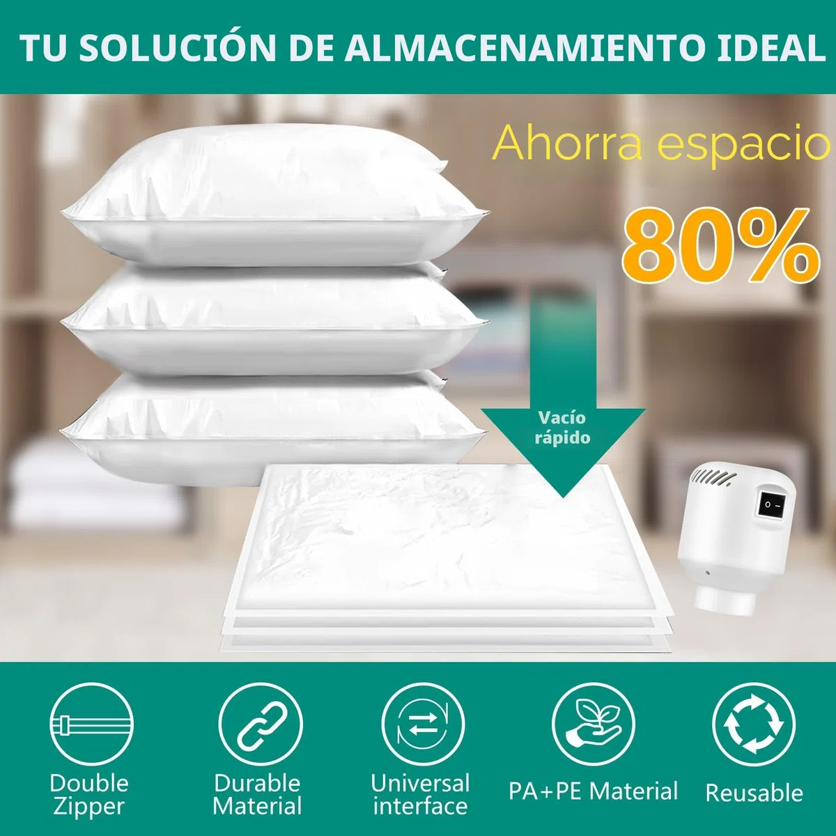Bolsas Vacio Ropa 9 unidades, Bolsas de Almacenamiento al Vacío con Bomba Eléctrica (3 * 40x40, 3 * 40x50, 3 * 40x60CM), Vacuum Storage Bags para Viajes, Mantas, Ropa de Cama