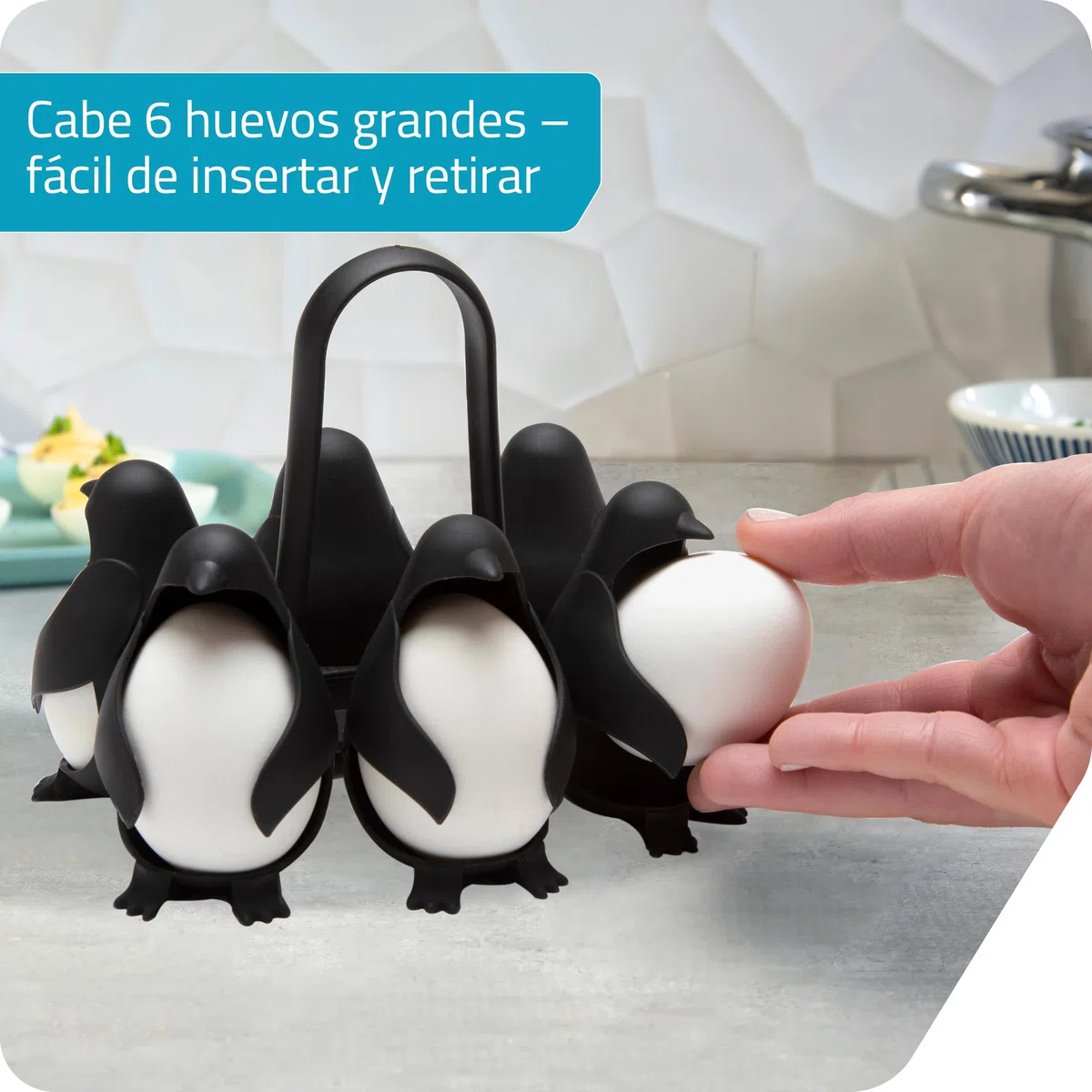 PELEG DESIGN Egguins – Cocedor y Porta Huevos en Forma de Pingüino, Almacena y Cocina 6 Huevos Frescos o Cocidos – Organizador Compacto para Nevera (Egguins)