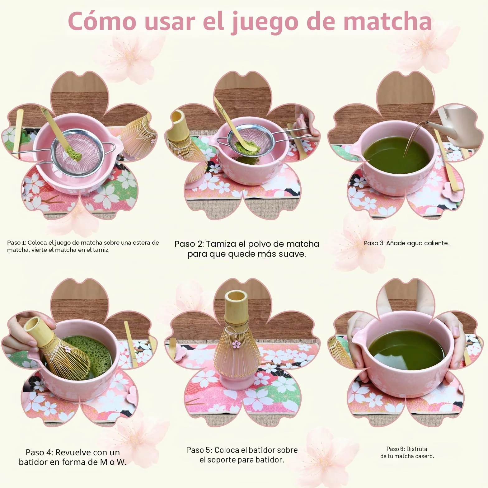 Matcha Kit - 8 piezas Te Matcha Kit Batidora de Matcha de Bambú, Cuenco de Matcha, Cuchara, Colador, Portacucharas, Soporte para la Batidora, para el Hogar, la Oficina y los Salones（Rosa）