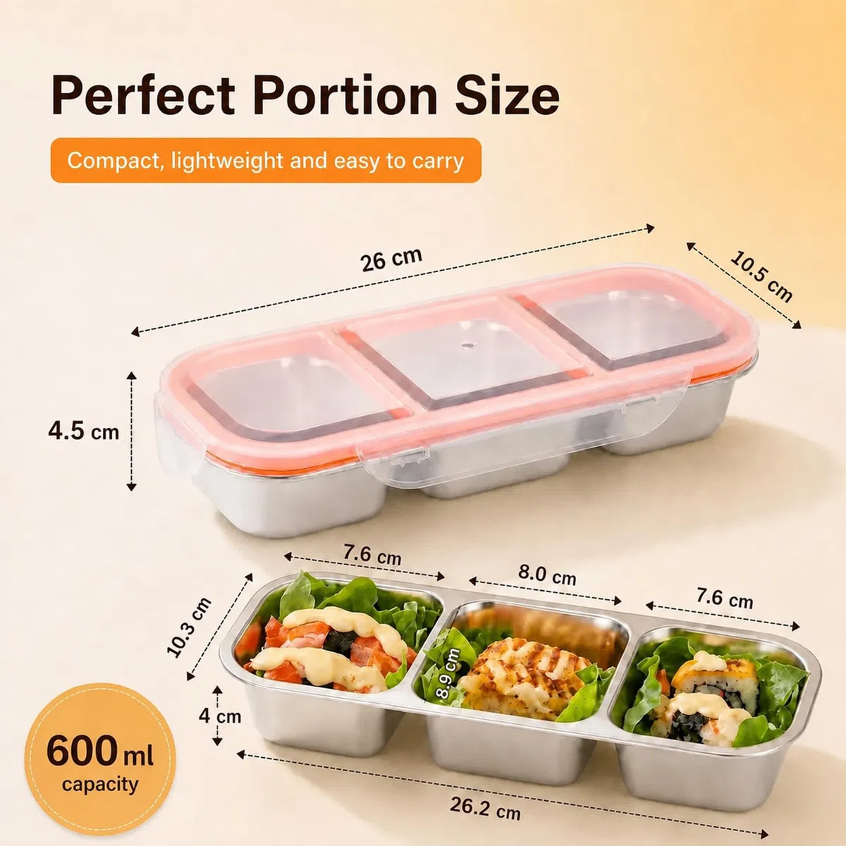 Pack de 2 cajas para snacks con 3 compartimentos, inox 600 ml, tapa antifugas, apta lavavajillas. Para niños, colegio, oficina, camping, fruta, ensalada, aperitivos