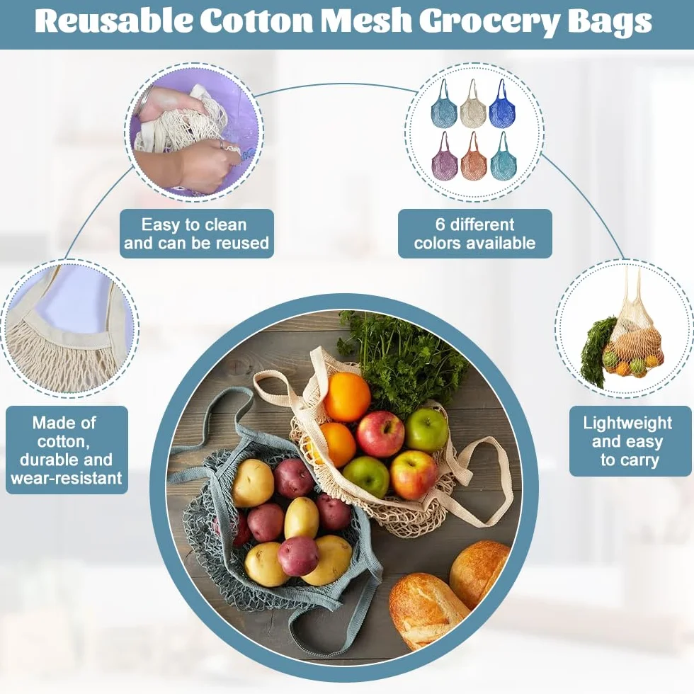 NAROSEBE 6 Pcs Bolsas de Red para Compra Bolsas Ecologicas para Fruta 6 Color Bonito Bolsa de Red de Almacenamiento Algodón Bolsa Malla Playa Lavables y Reutilizable, 60 * 40cm Plegable, Carga 5kg