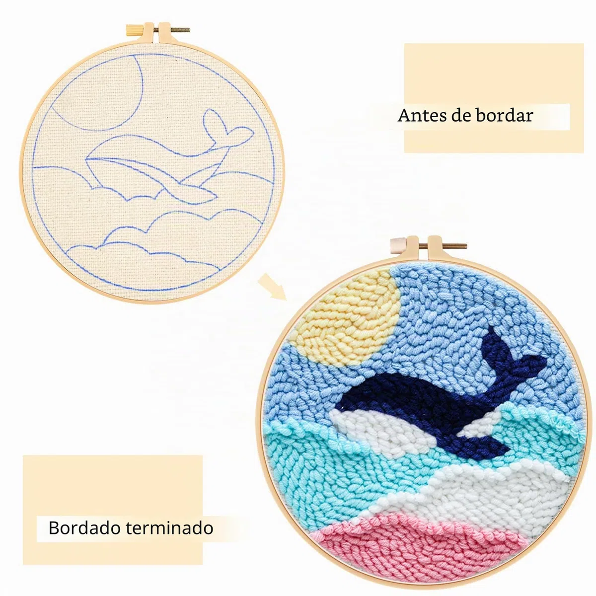 JSRQT Kit para Principiantes para Bordar Ballena Kit Aguja Perforadora Punch Needle Kit Bricolaje Kit de Bordado con Aguja Perforada para Adultos Principiantes Herramienta de Punto de Cruz con Aro
