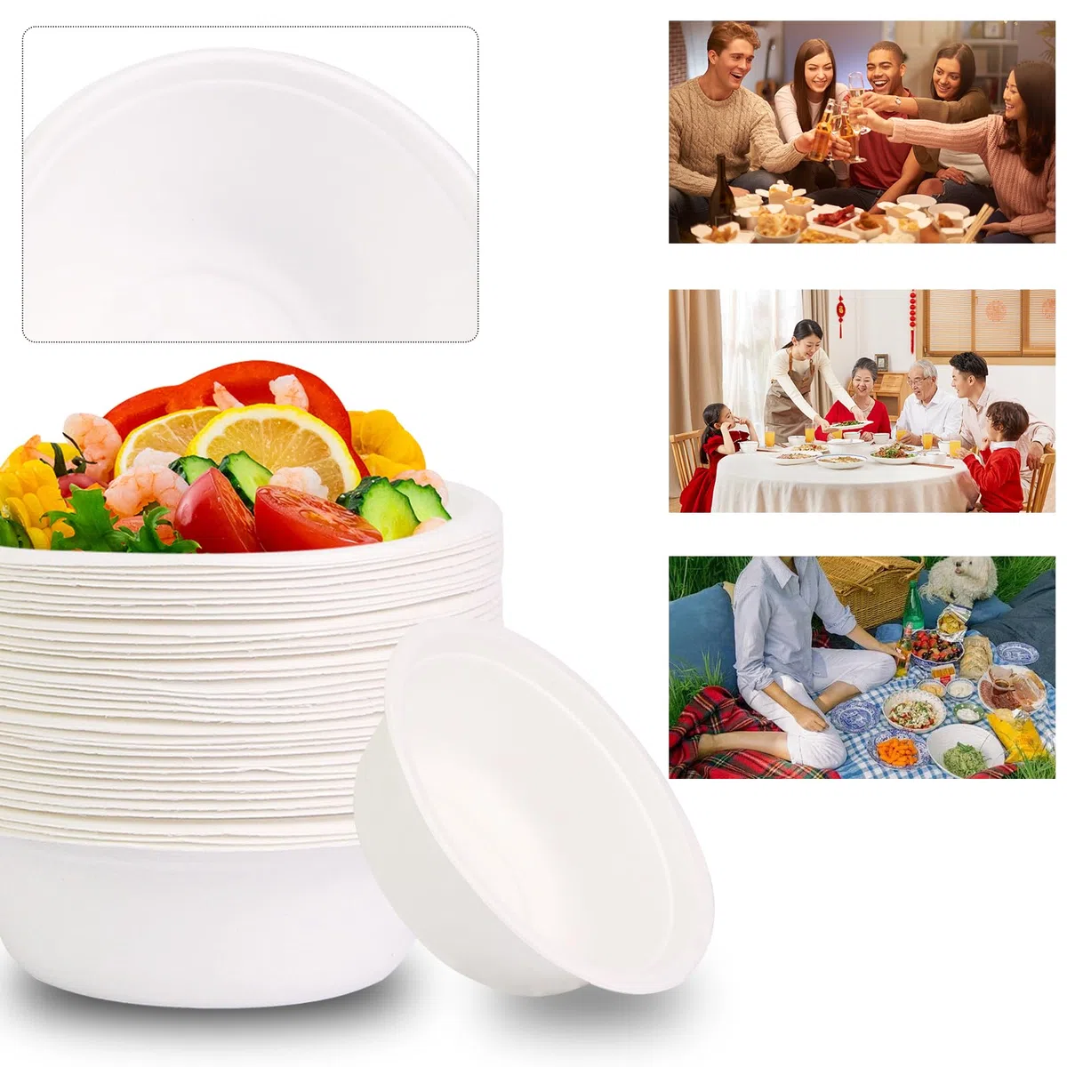 50 cuencos desechables blancos para sopa de 260 ml, de caña de azúcar, bagazo de larga duración, conservación del calor, cuencos de sopa duraderos para el hogar, barbacoas, picnics, comida al