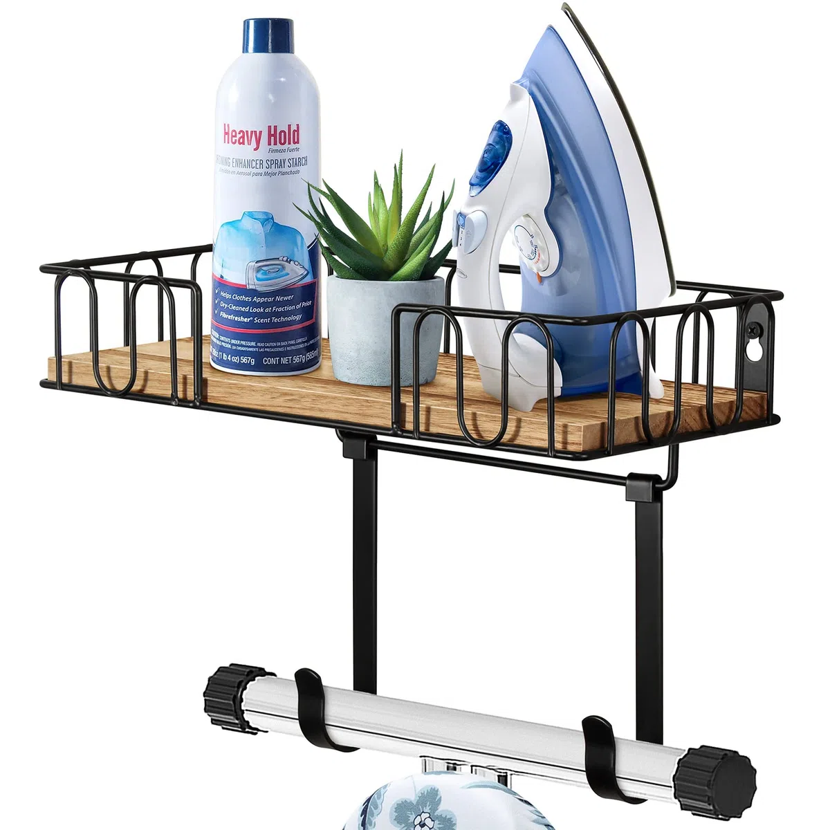 TJ.MOREE Soporte para tabla de planchar de metal, soporte de pared para plancha y tabla de planchar, decoración de cuarto de lavado y almacenamiento con gran cesta de base de madera negra y ganchos