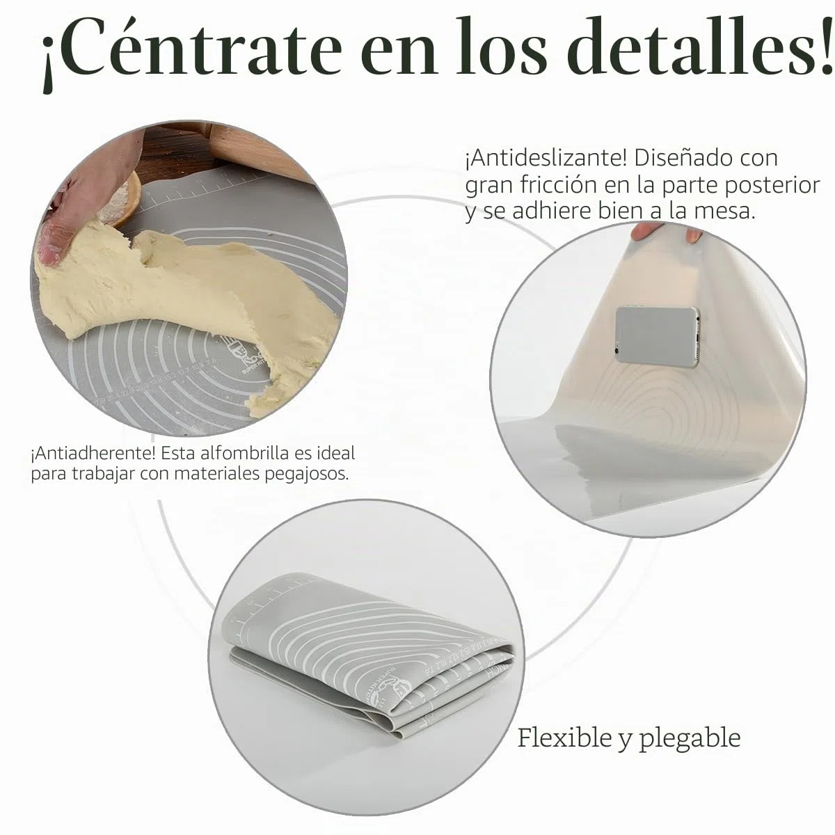 SUPER KITCHEN Tapete de Silicona para Hornear con Cortador de Masa, Tapete de Antiadherente para Amasar, Estera de Antideslizante Pastelería, Tapete para Fondant, Pasta, Pizza, Torta (Gris, 71x51cm)