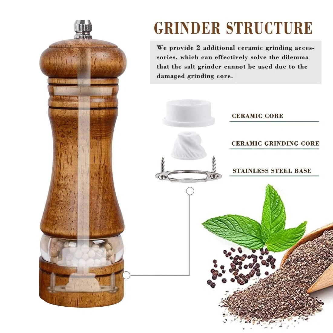 2 Piezas Molinillos de Pimienta, Molinillo de Sal y Pimienta Manual de Madera con Ventana Acrílica Transparente,para Pimiento, Sal Gorda, Hinojo（Con 2 accesorios de rotor cerámicos）