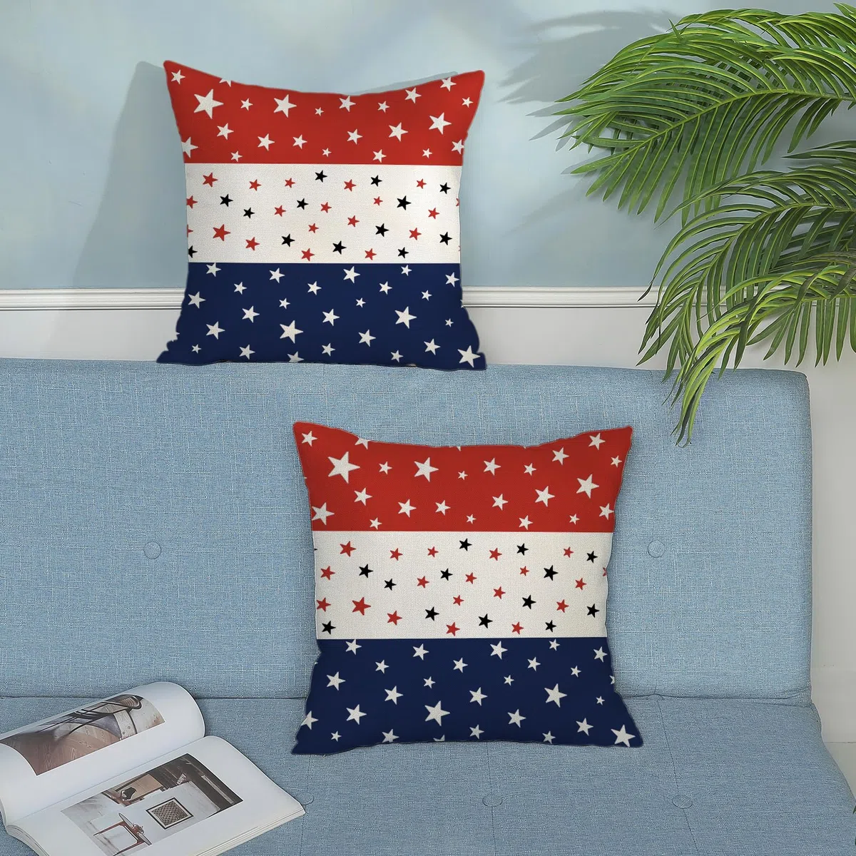 Fundas de almohada del 4 de julio, 18 x 18 pulgadas, paquete de 2 fundas de almohada de rayas y estrellas del Día de la Independencia, decoración de verano, funda de almohada patriótica para el