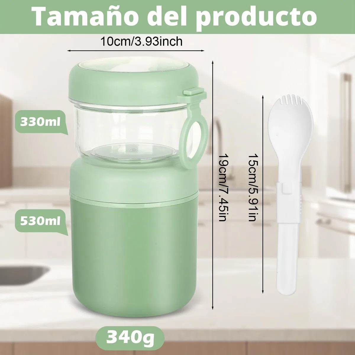 Tazón grande de acero inoxidable para cereales para llevar, taza de yogur 530 ml + 330 ml Tazón de almuerzo portátil a prueba de fugas para cereales, yogur, ensalada, arroz y avena (Verde)