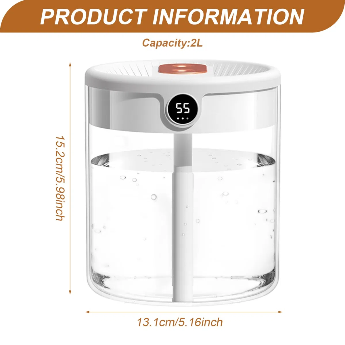 2L Humidificador de aire de niebla fría con exhibición de humedad, 3 modos, pulverización dual y luz, difusor silencioso para dormitorio, vivero para bebés, oficina, automóviles y plantas de int