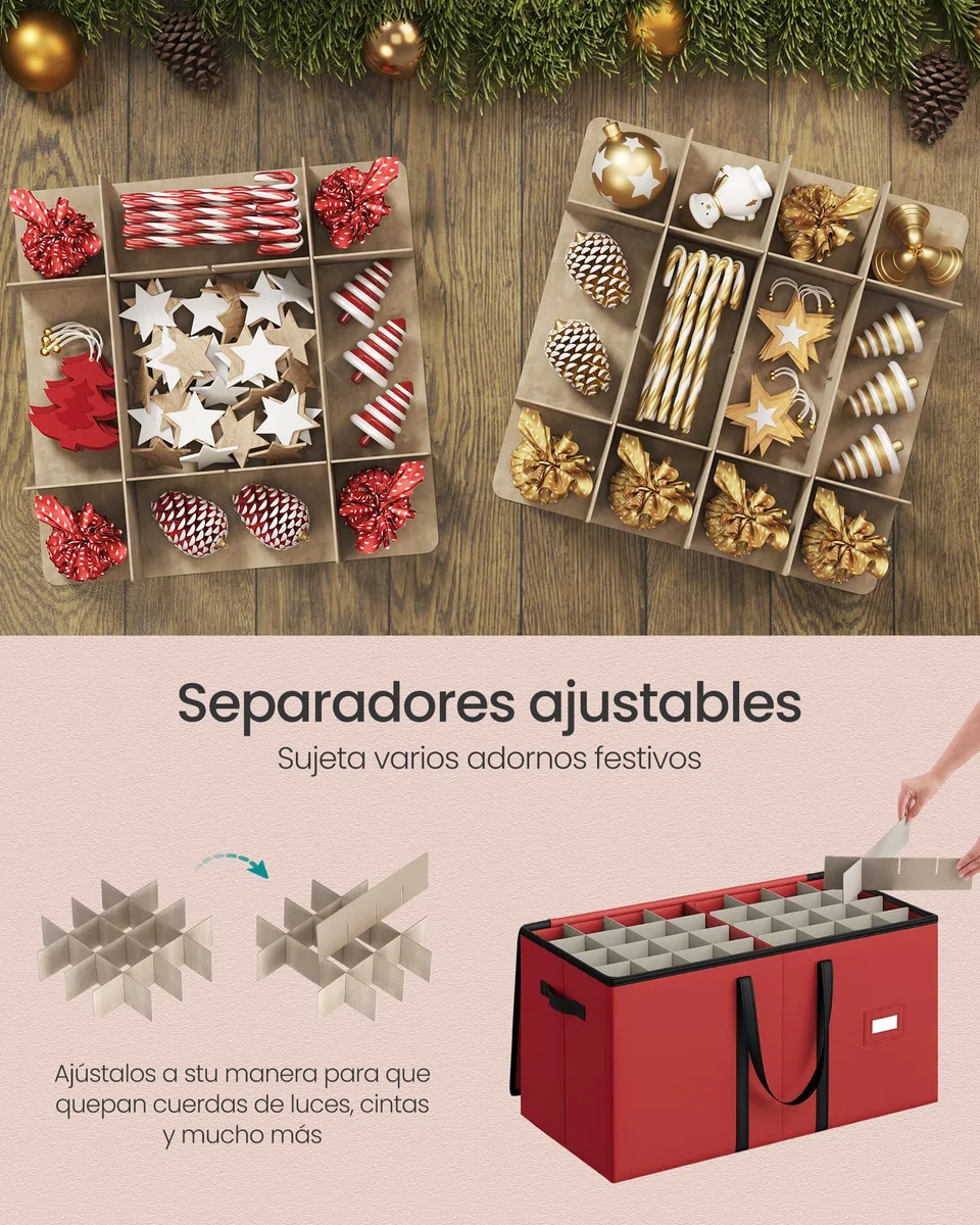 SONGMICS Caja Almacenaje de Adornos Navideños, 7,6 cm 128 Ranuras, Caja Apilable para Adornos Navideños con Tapa, Cremallera Doble, Separadores Ajustables, Tela no Tejida, Rojo Cereza RFB039R01