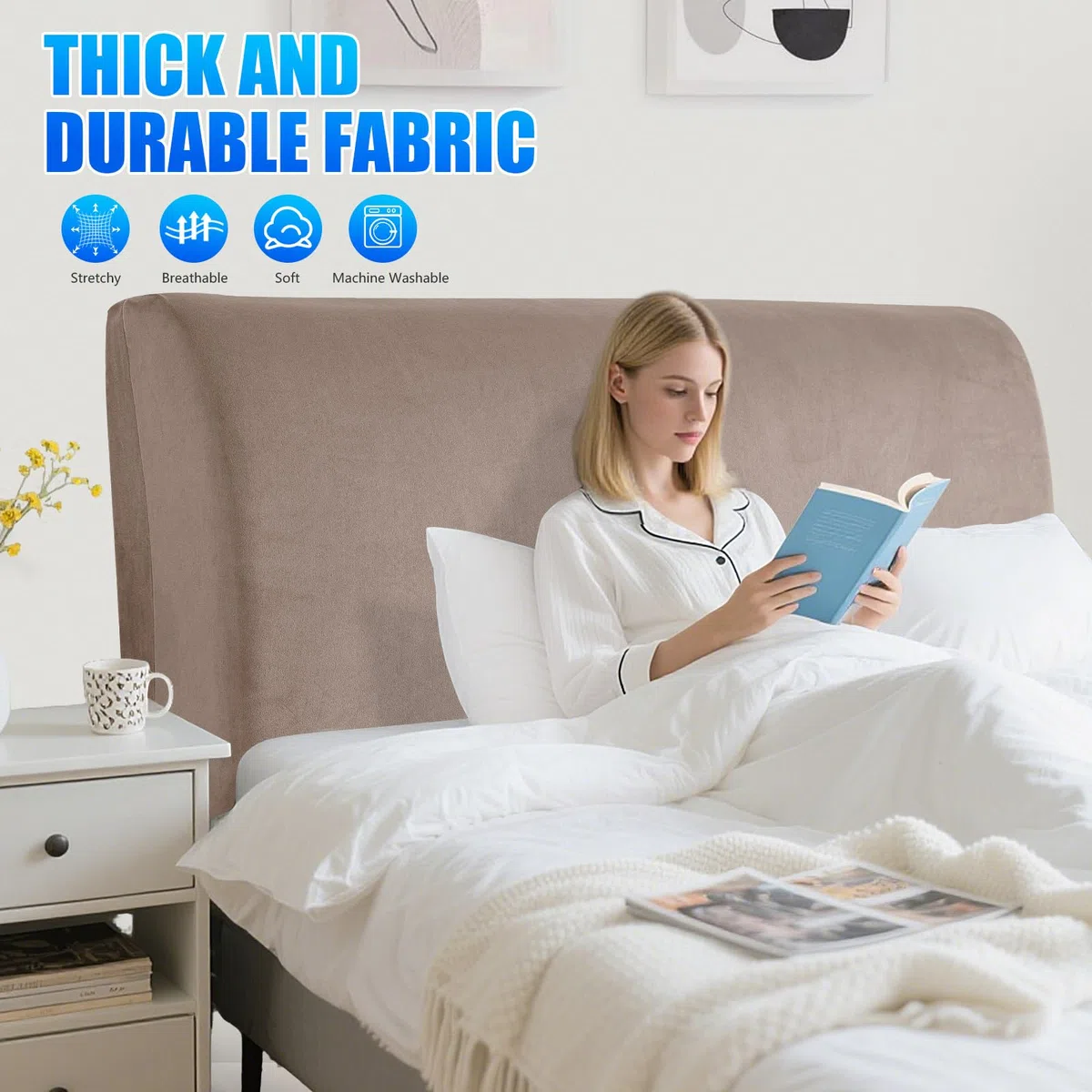 Terciopelo Funda Cabecero Cama, Protector De Cabecero De Cama A Prueba De Polvo, Desenfundable, Universales, Elástico, Tejido Suave, Decoración del Dormitorio(120cm, Caqui)