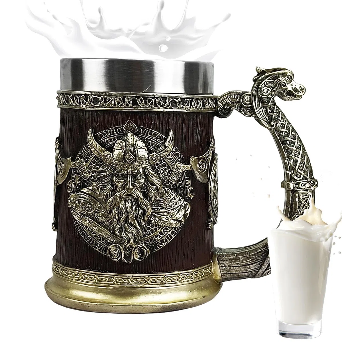 Tazas vikingas para hombres - Tankard nórdico de acero inoxidable | Taza de barril de estilo antiguo, taza rústica de café fría para la decoración de la fiesta, taza de regalos de aspecto de madera, d