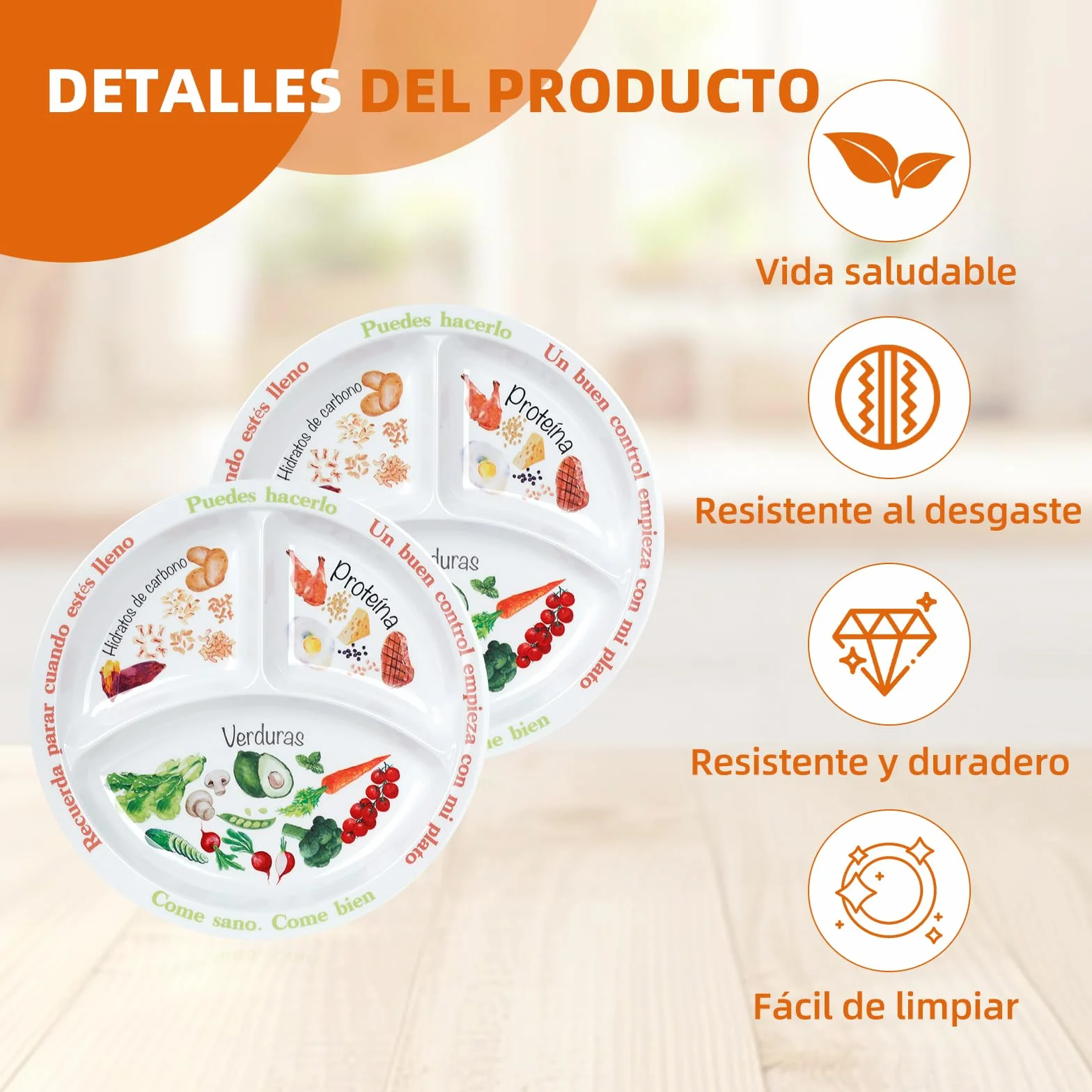 Plato de control de porciones para nutrición equilibrada – Platos de alimentación saludable para adultos y adolescentes – Separadores de melamina, pérdida de peso, diabetes (2)