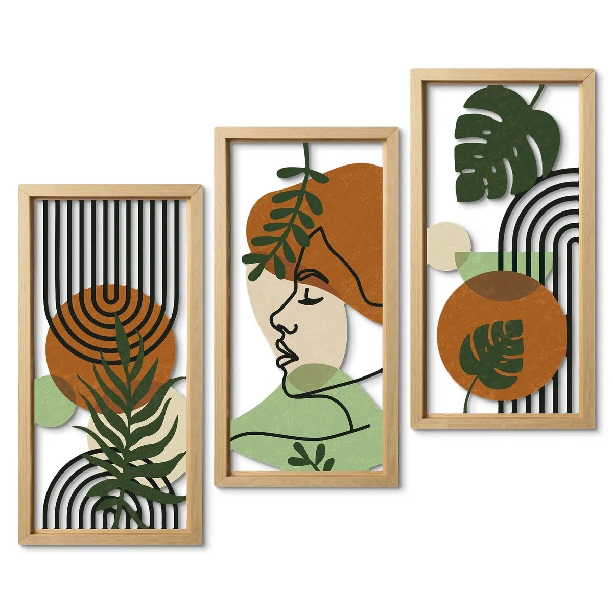 Putuo Decor Set de 3 decoración Boho de Pared con Rostro de Mujer, Arte Mural Abstracto Paneles MDF troquelados botánicos, estética Mid-Century Modern para Dormitorio salón Oficina