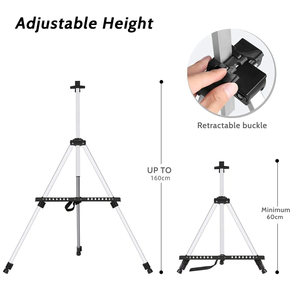 Caballete de Campo Plegable Multifuncional con Bolsa de Transporte para Pintar, Trípode de Aluminio, Altura Ajustable de 60 a 162 cm, Estable y Liviano, Póster (Plata)