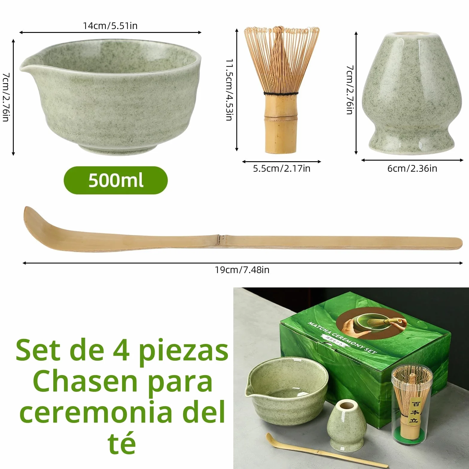 Matcha Kit - Té Matcha Kit de 4 Piezas, Batidor Té Matcha, Cuenco Té Matcha, Soporte Chasen y Cuchara Matcha - Kit Matcha para la Ceremonia del Té - Ideal para el Hogar, la Oficina y Como Regalo
