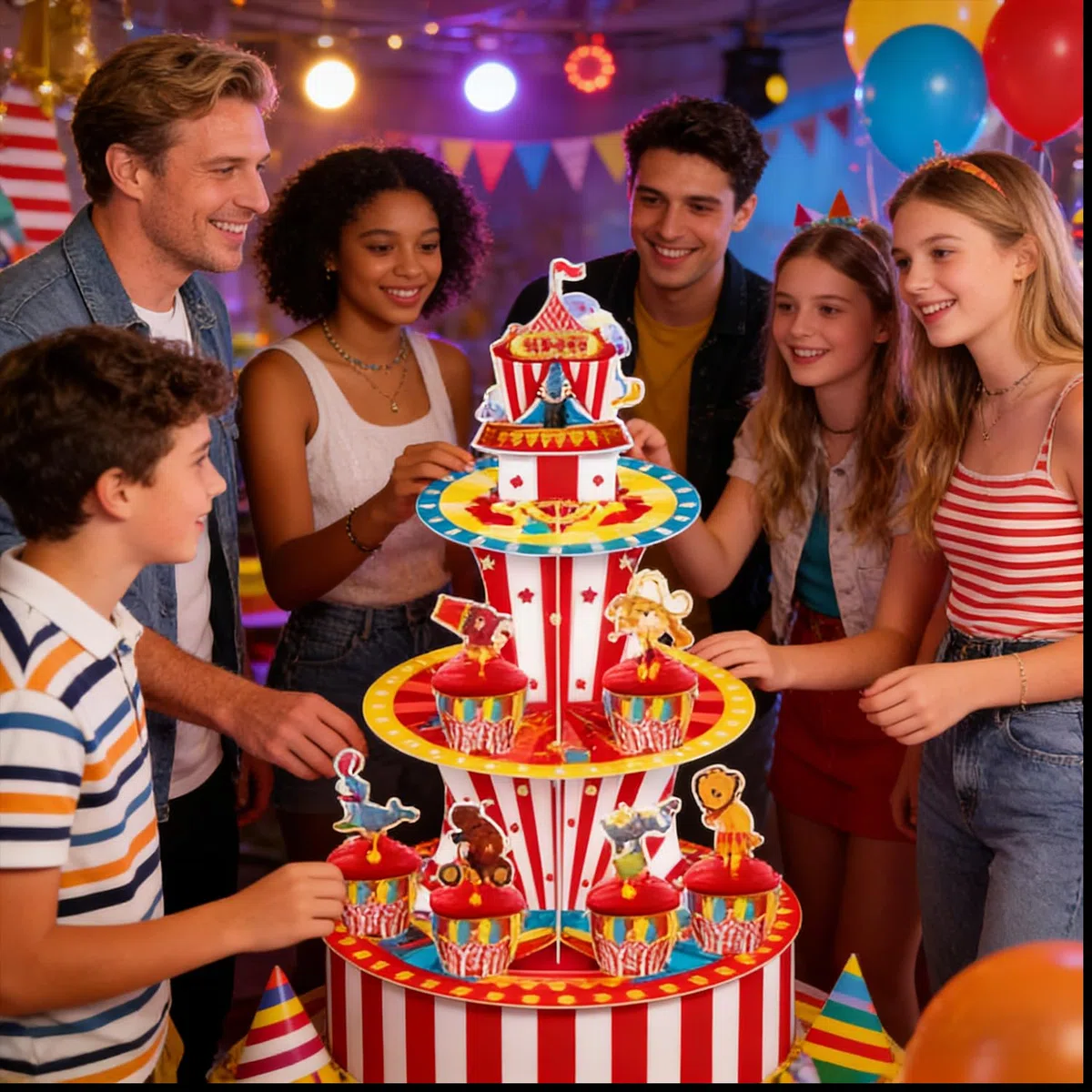 Estante para tartas de postre de 3 niveles, tema de dibujos animados, accesorios de fiesta de cumpleaños para niños y niñas, estante para cupcakes, accesorio de cumpleaños temática de