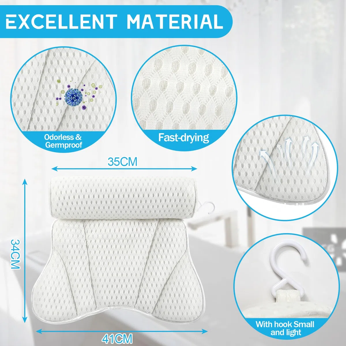 Almohada Bañera, Malla 4D Almohada de Baño, Almohada para Bañera con 6 Ventosas Antideslizantes, Reposacabezas Ergonómico, Puede soportar la Cabeza, el Cuello, la Espalda, para Bañera de Hidromasaje
