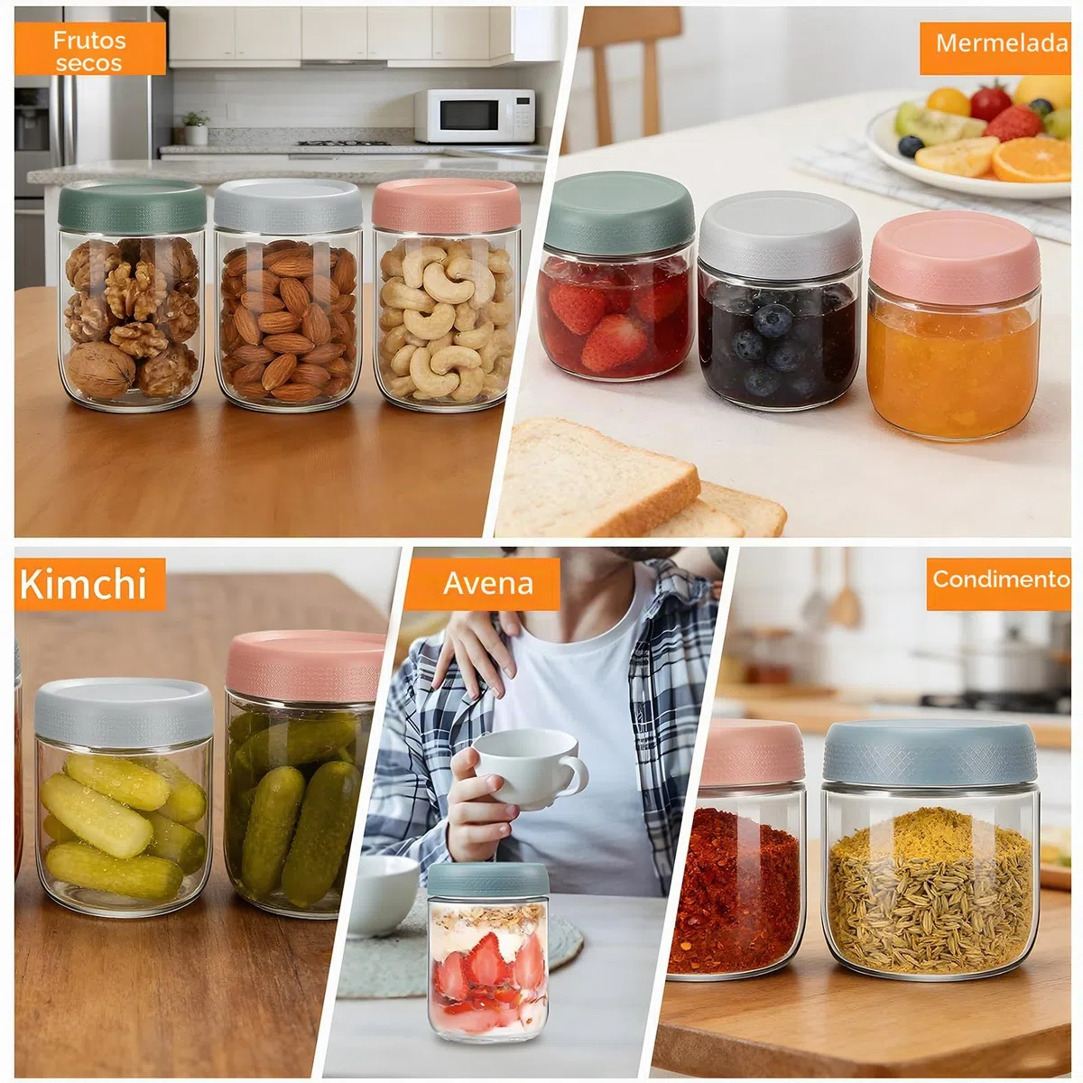 6 Pack Tarros de Avena Nocturna, Tarros de Cristal con Tapa Hermética (300ml+500ml), Mason Jars para Frigorífico, Despensa, para Overnight Oats, Yogur, Mermeladas, Ensaladas, Encurtidos