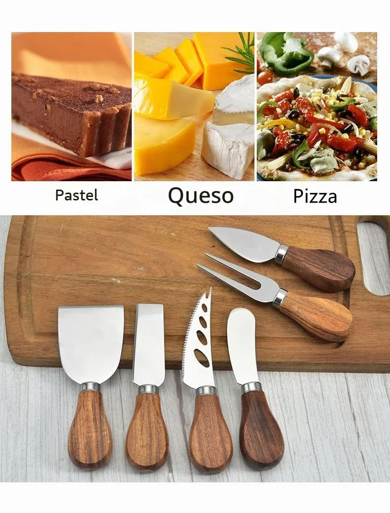 Lin's Wood Juego de 6 cuchillos de queso de acero inoxidable con caja de regalo.(mango de madera de acacia)