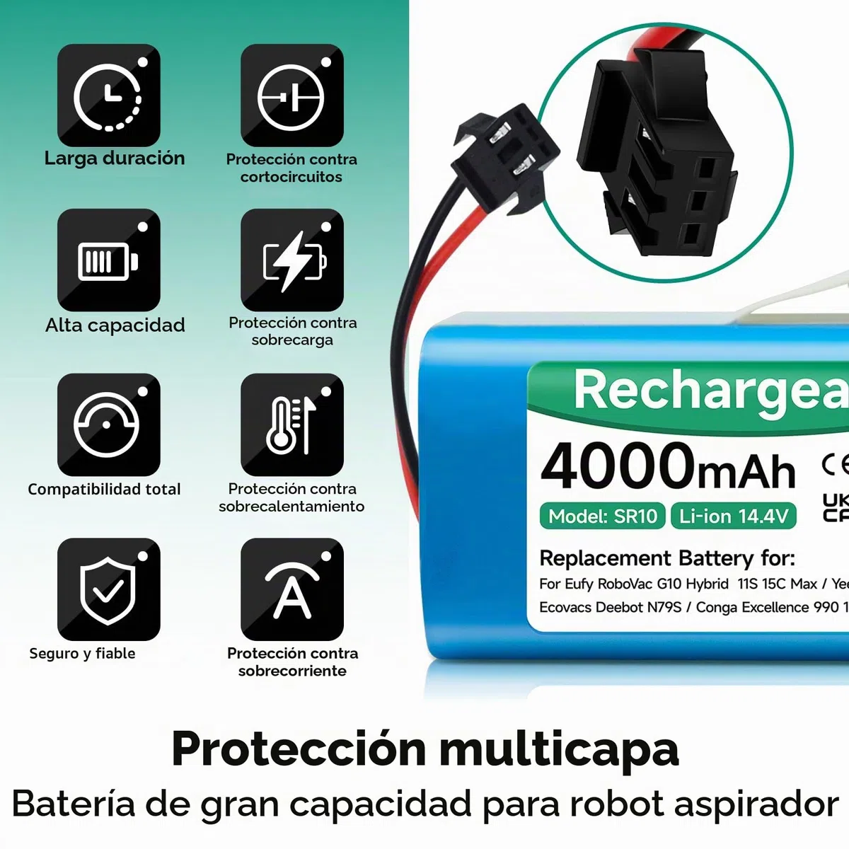 4000 mAh 14,4V Batería para Venga RVC 3000,Conga 990/1090/1790,Conga 2290 Ultra,Neatsvor x500,Ikonhs netbot S14/S15,Proscenic 850T,Ultenic D5/D5s,Tesvor S6/X500,Eufy RoboVac 11s/30c/G10