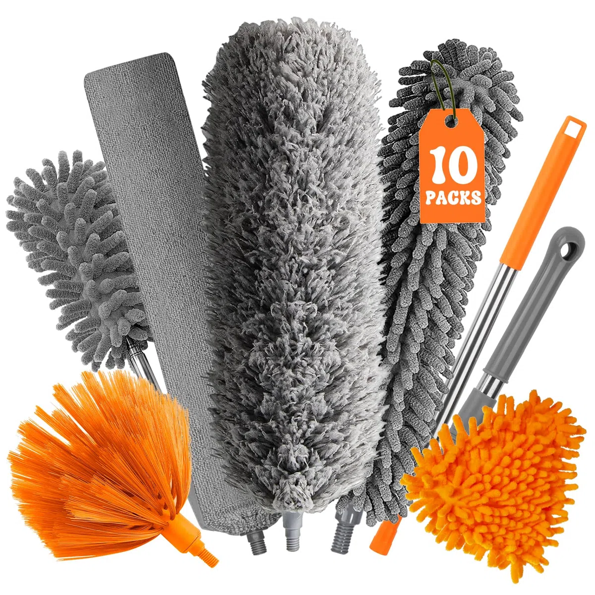 GIBOHOM 10 Piezas Plumero Telescopico Extensible, Microfibra Lavable Plumero Atrapapolvo Longitud 27-255 CM, Reutilizable con Palo Telescopico para Techo, Persianas, Muebles, Telarañas