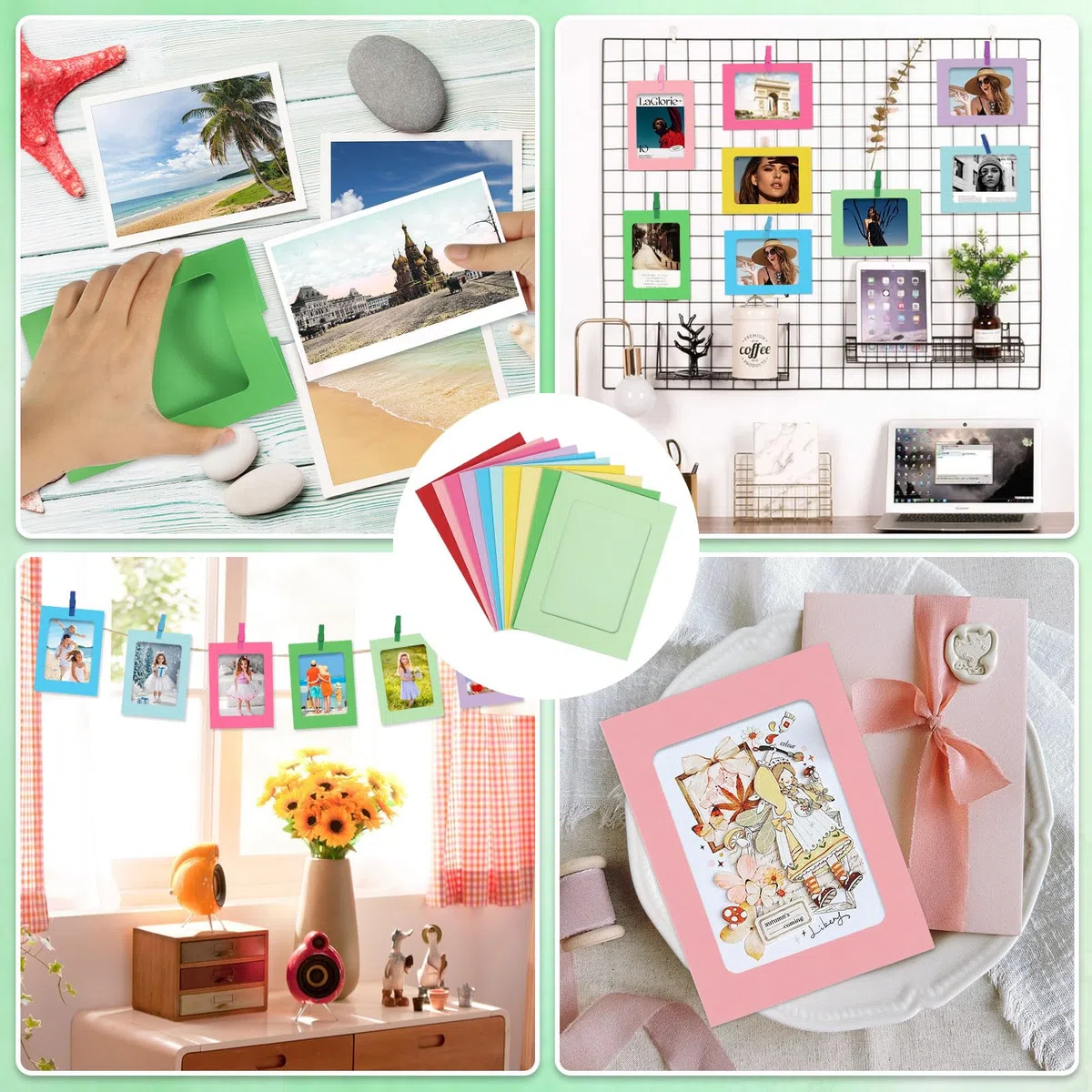 DELAESI 40 Piezas Marcos de Fotos Colgar Fotos 10 x 15 cm Guirnalda de Fotos con 40 Pinza Madera y 4 Piezas Cuerda Marco de Fotos Carton para Decoración Pared Cumpleaños Fiesta (Color)