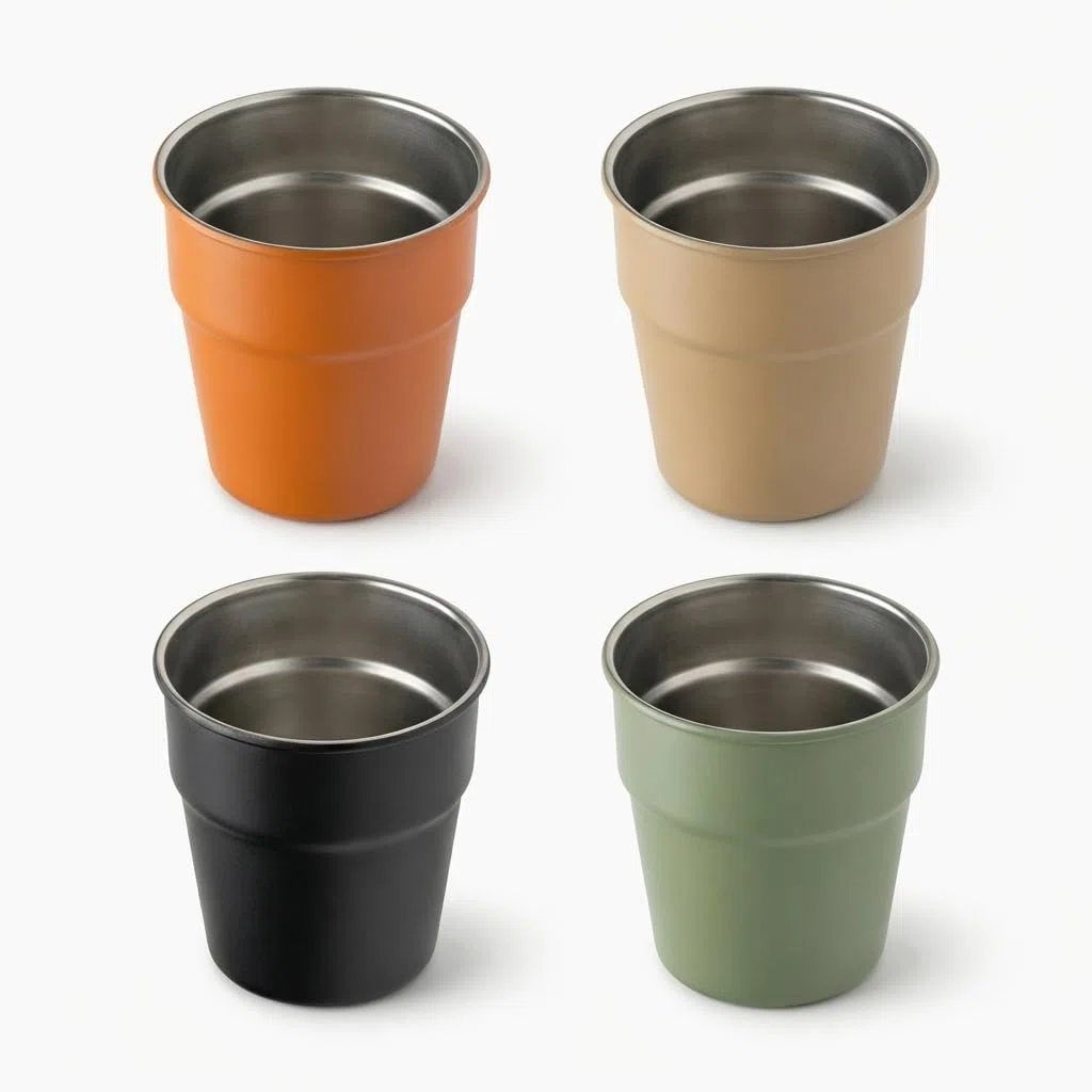 Pack de 4 Vasos de Acero Inoxidable 300 ml con bolsa de transporte Tazas Metálicas Resistentes, Ligeras y Apilables Aptas para Bebidas Frías y Calientes Ideal para Camping, Viaje y Uso Diario