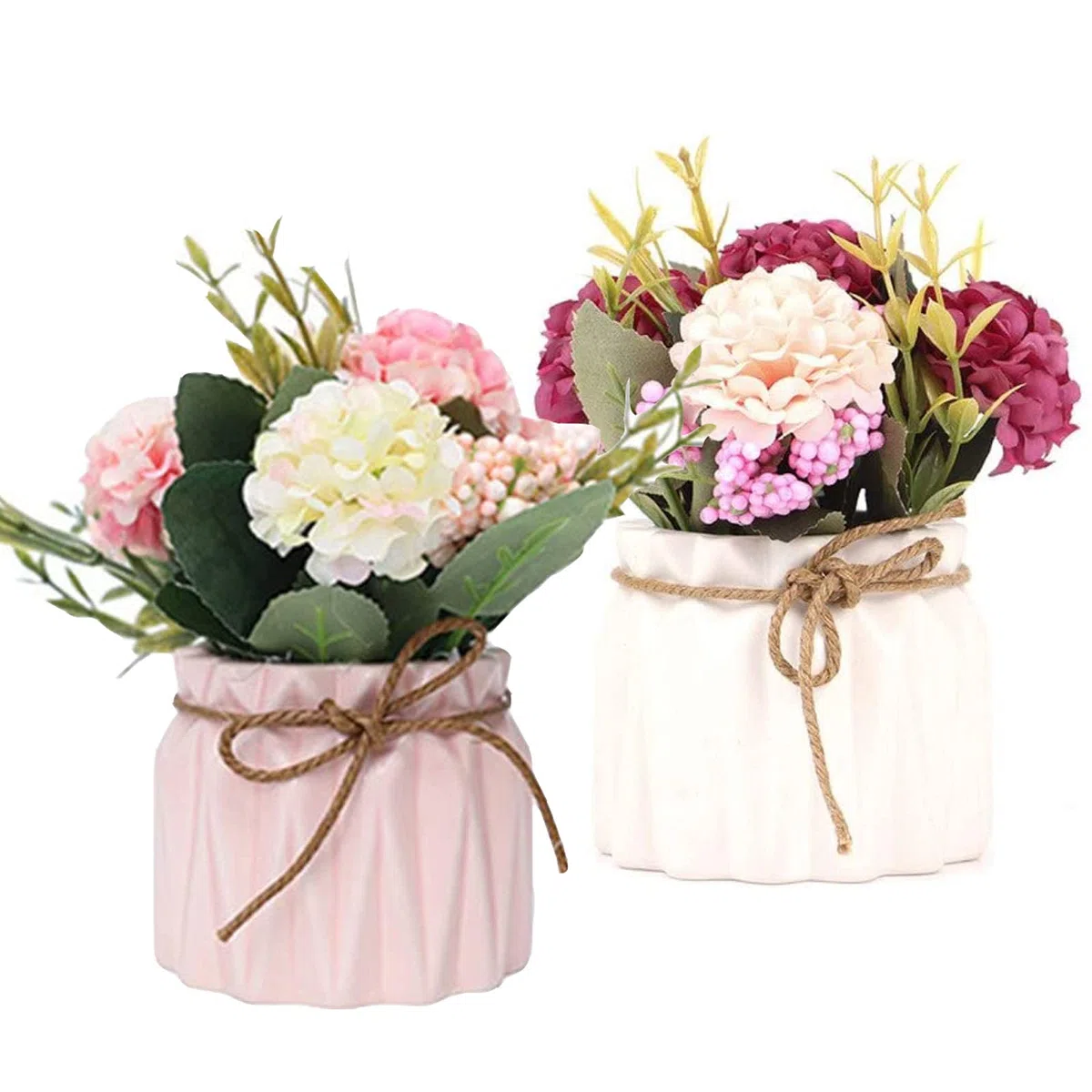 Lote de 2 Flores Artificiales Decorativas, Ramo de Flores Artificiales con florero, Planta Artificial en Maceta, Flores Artificiales, Hortensia de Seda para Boda, Oficina, Mesa de jardín