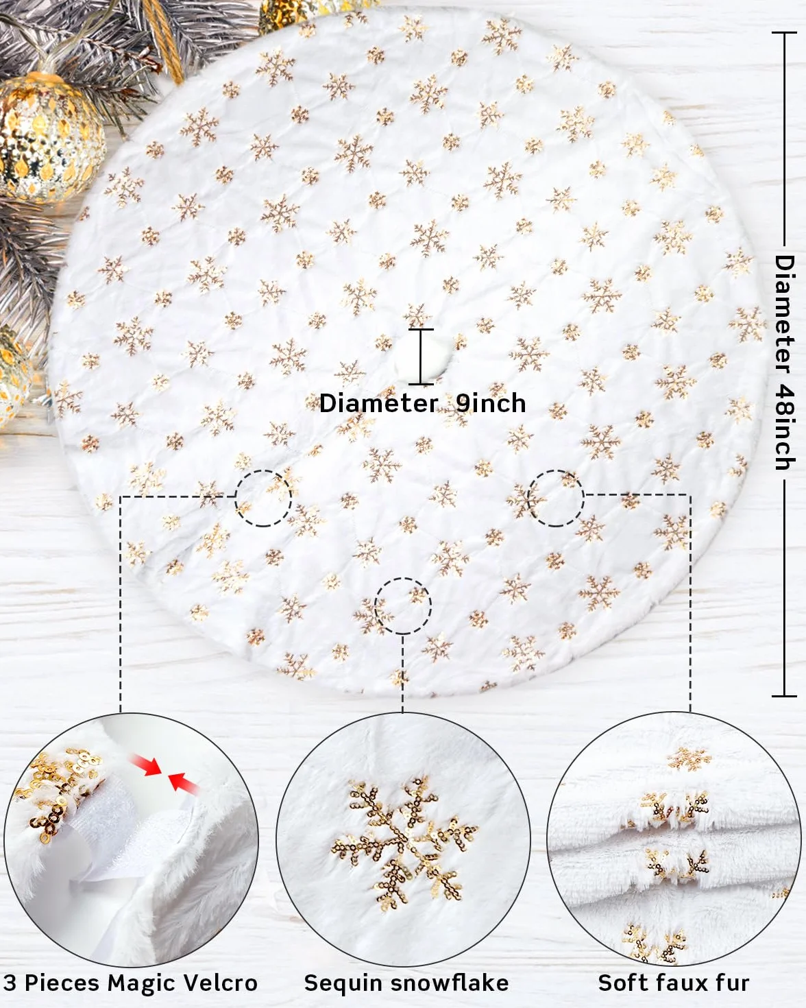 COOLWUFAN 48 Inches/122CM Falda para Arbol de Navidad para Decoraciones de Fiesta de Navidad de Arbol de Navidad Copo de Nieve de Lentejuelas Dorado de Felpa Blanca
