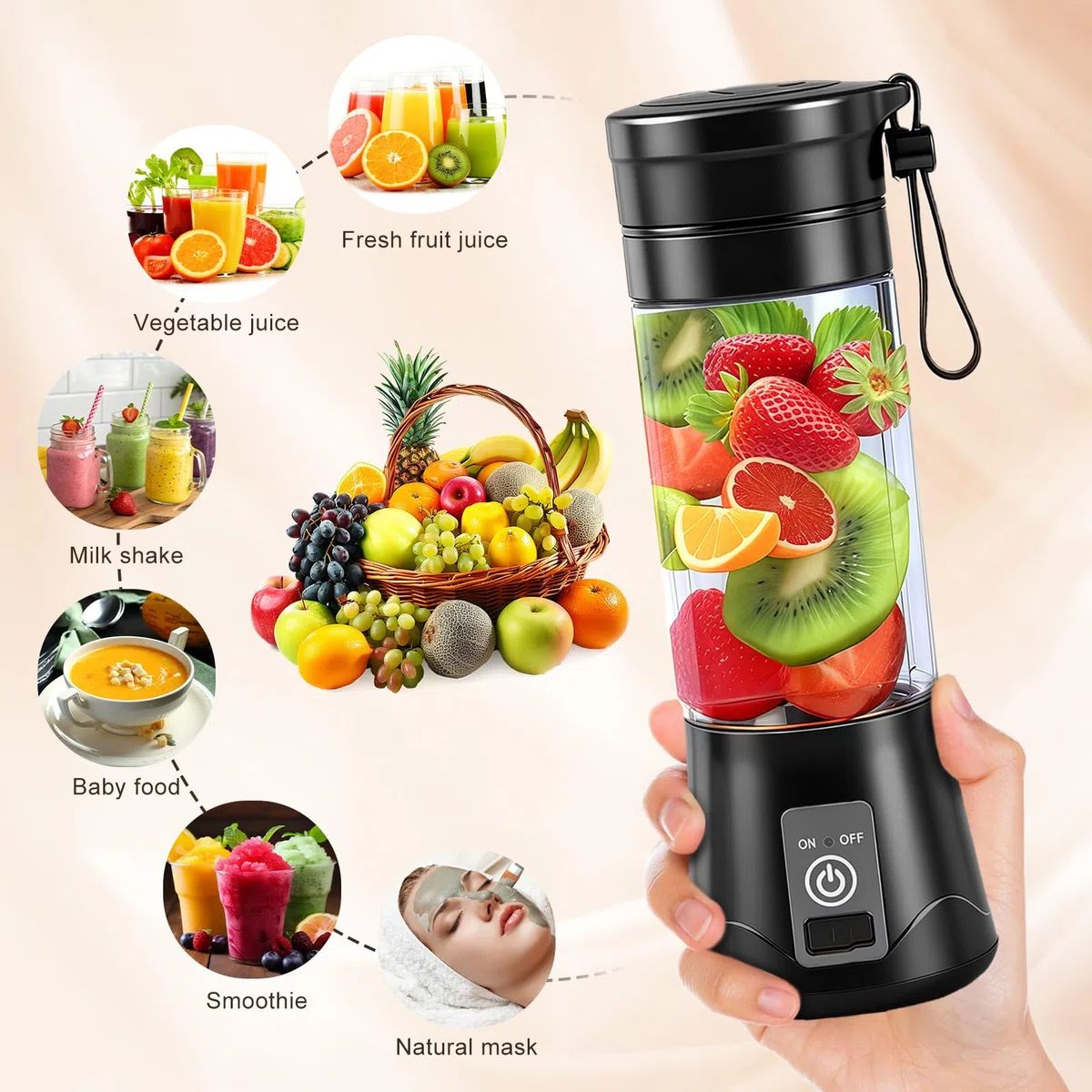 380 ML Batidora de Vaso Portatil, Mini Batidora, Exprimidor USB, 10 Cuchillas de Acero Inoxidable, para Smoothies y Batidos de Proteínas, para Deportes, Viajes, Senderismo (Negro)