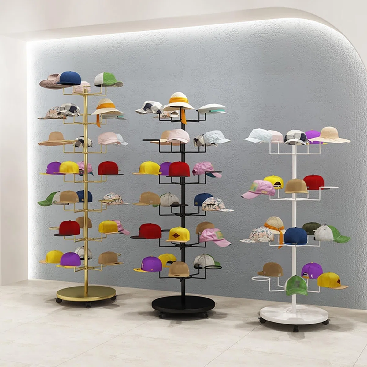 Expositor de Sombreros, Estante de Almacenamiento de Sombreros de 4, 5, 6 y 7 Niveles, Torre de exhibición de Gorras de Metal Independiente con Ruedas giratoria,White-4