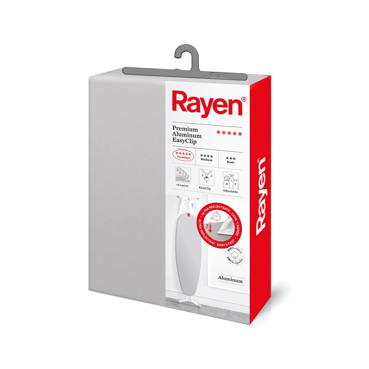 Rayen | Funda Tabla de Planchar | Funda de Planchar Ajustable | Sistema EasyClip | 4 capas: Espuma, Muletón, tejido 100% Algodón y Aluminio | Gama Premium | Medida: 130x47 cm | Gris Claro