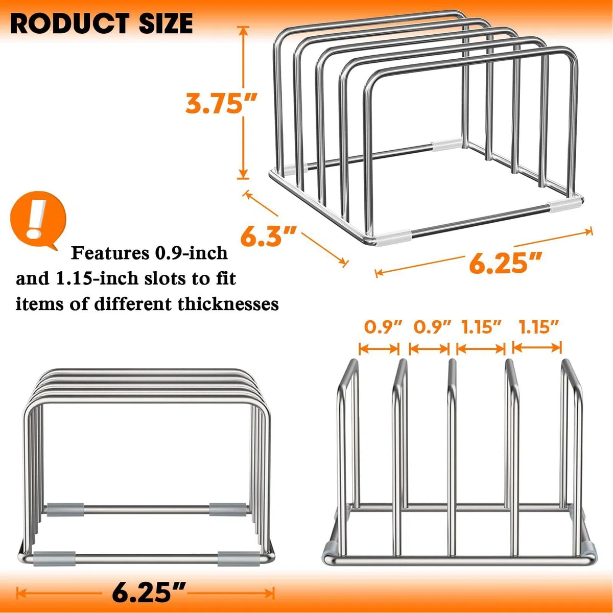 Denash Soporte Organizador para Tabla de Cortar, Soporte para Tabla de Cortar de Acero Inoxidable con 4 Ranuras y Pies Antideslizantes para Almacenamiento en la Encimera de la Cocina