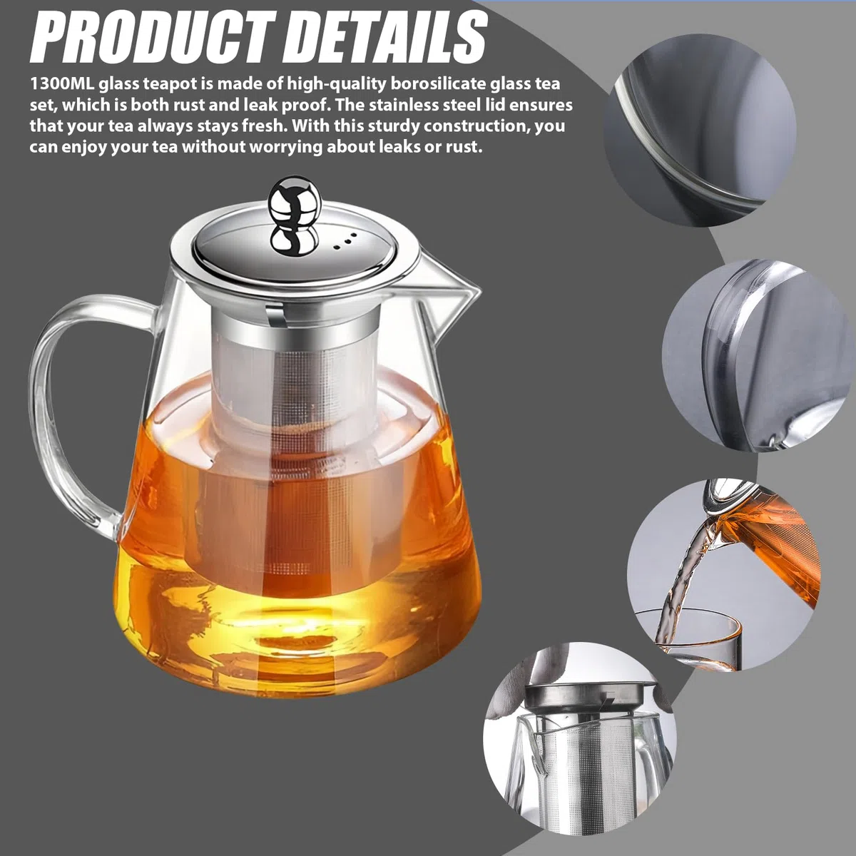 Tetera de 1300 ml: juego de té de vidrio de borosilicato con colador extraíble y tapa de acero inoxidable, resistente y resistente al calor para camping, viajes, té de hierbas y té de frutas