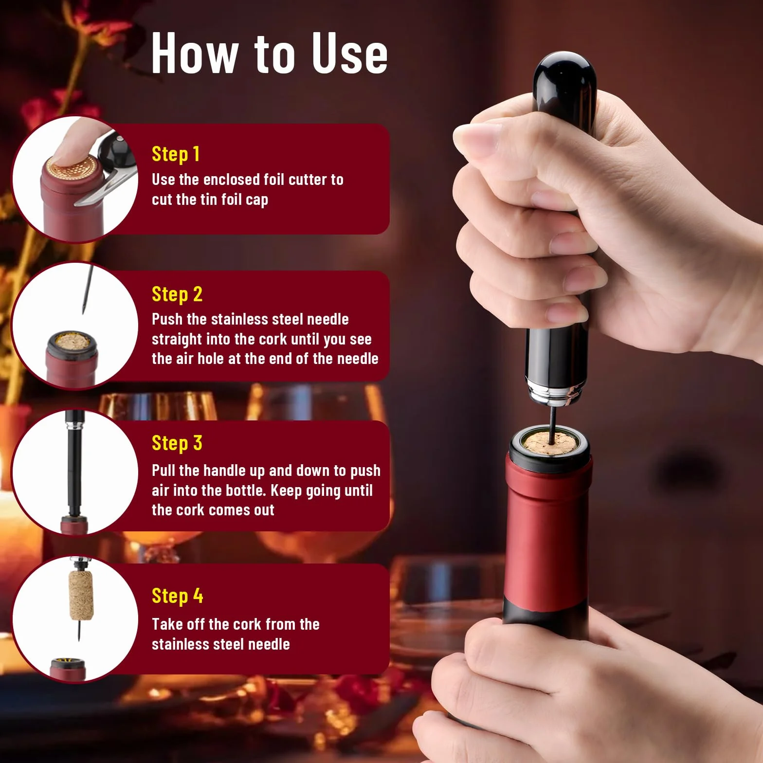 Sacacorchos Profesional de Aire a Presión - Pack de 3 Tycoonest Abridor Vino Rápido Fácil Extractor Corcho sin Roturas Agujas Acero Inoxidable Cortacápsulas Alternativa Eléctrico Regalo Amantes Vino