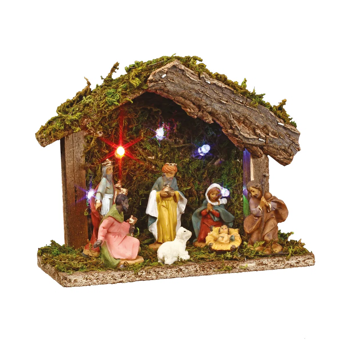Conjunto de Navidad 3 en 1: 1 portal de Belén luminoso con 7 figuras y luz LED