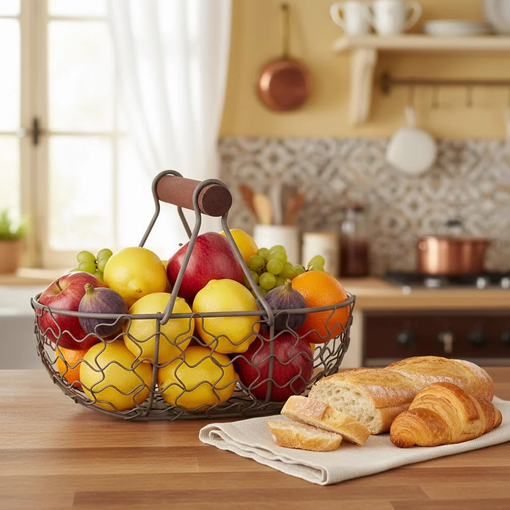 Cesta de de alambre con mango de madera, cesta de recolección de de estilo rústico vintage, cesta de almacenamiento de alambre para verduras para llevar, recolección de de gallina