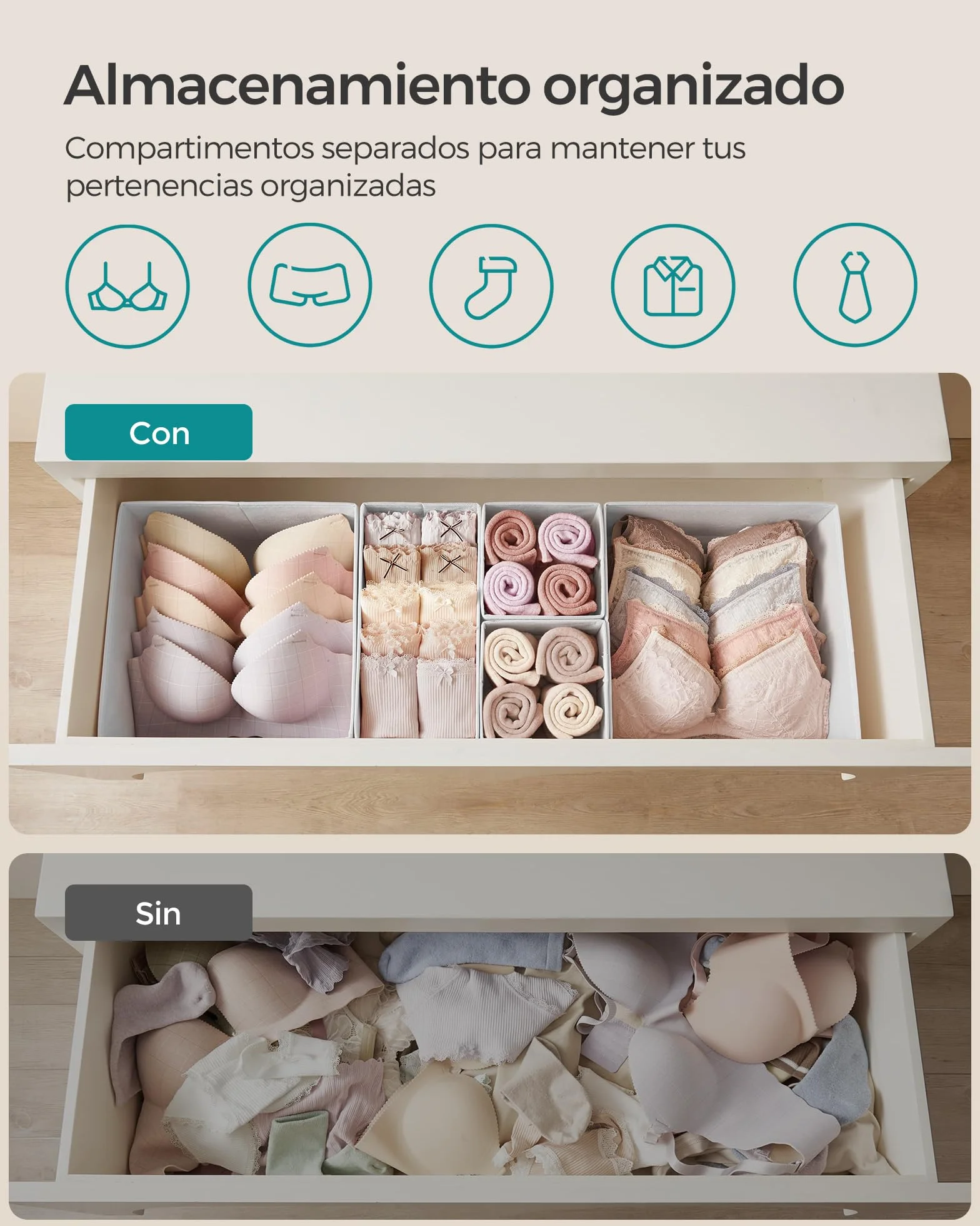 SONGMICS Separadores de Cajones, Organizadores de Tela Plegables, Juego de 12, Blanco Nube RDZ006W02