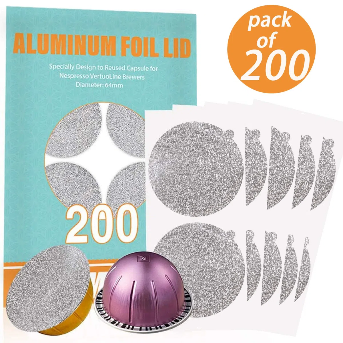 Tapas de papel de aluminio CAPMESSO para reutilizar las cápsulas de café Vertuoline, compatibles con la máquina Nespresso VertuoLine de 64 mm (100 / paquete) (200)
