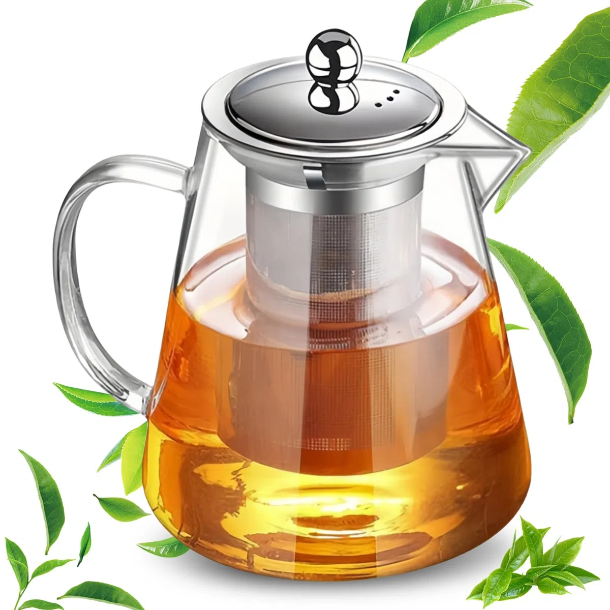 Tetera de 1300 ml: juego de té de vidrio de borosilicato con colador extraíble y tapa de acero inoxidable, resistente y resistente al calor para camping, viajes, té de hierbas y té de frutas