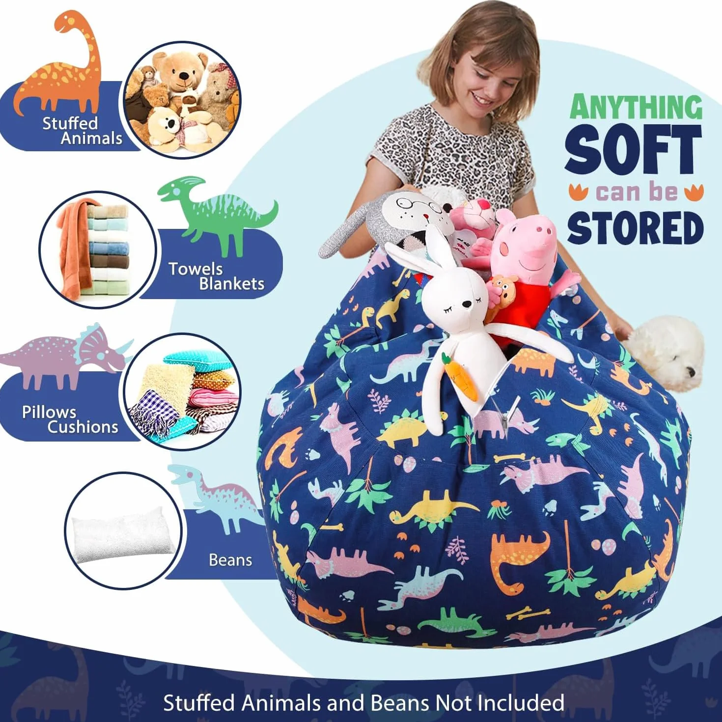 Puf de Peluche, Bolsa Almacenamiento Juguetes Felpa, Bolsa Frijoles Lona, Puff Almacenamiento Animales Peluche, Cómodo Suave Ahorra Espacio, para Que Los Lean (22in, Dinosaurio de dibujos animados)