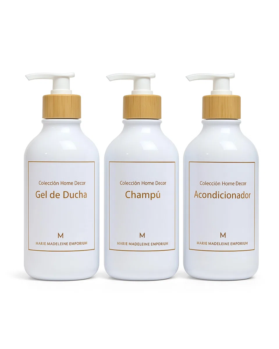 Marie Madeleine Set de 3 Botes para Gel y champú rellenables baño 500 ml, Dispensador de Jabón para Baño en Pet sin BPA con Tapa de Bambú, Jabonera baño dosificador con Pegatina en Español (Blanco)