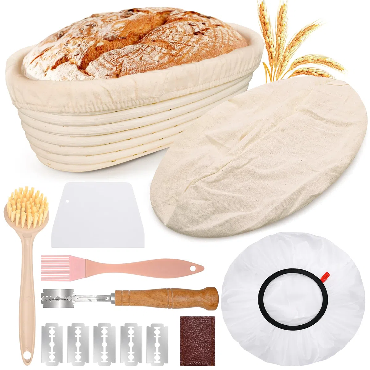 Banetones para Pan Ovalado 28cm para 700g Masa, Set Cesta Pan Hecho Mano Ratán con Lino, Tapas, Raspador, Cuchillo Lame, Cesta de Fermentación de Iniciación Perfecto