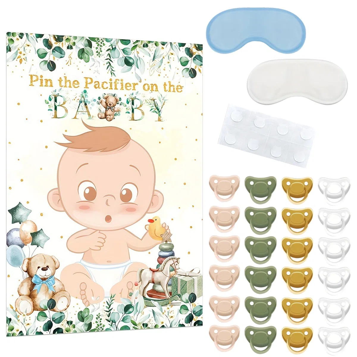 Juego de juegos de baby shower, póster con 2 vendas para los ojos y 24 calcomanías para chupete, decoración verde salvia