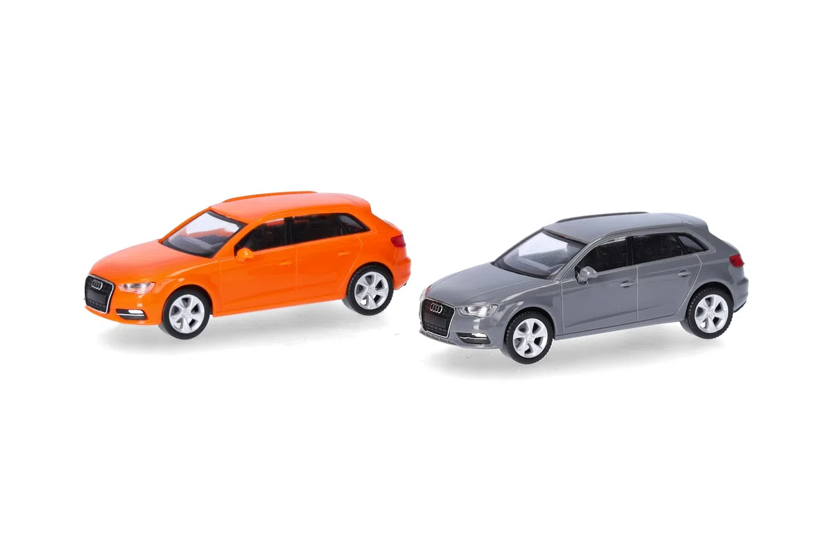 herpa Kit de Montaje MiniKit Audi A3 Sportback (2012) Naranja Brillante y Gris Nardò, 2 Unidades, Miniatura a Escala 1:87, artículo de colección, Kit para modelismo, plástico