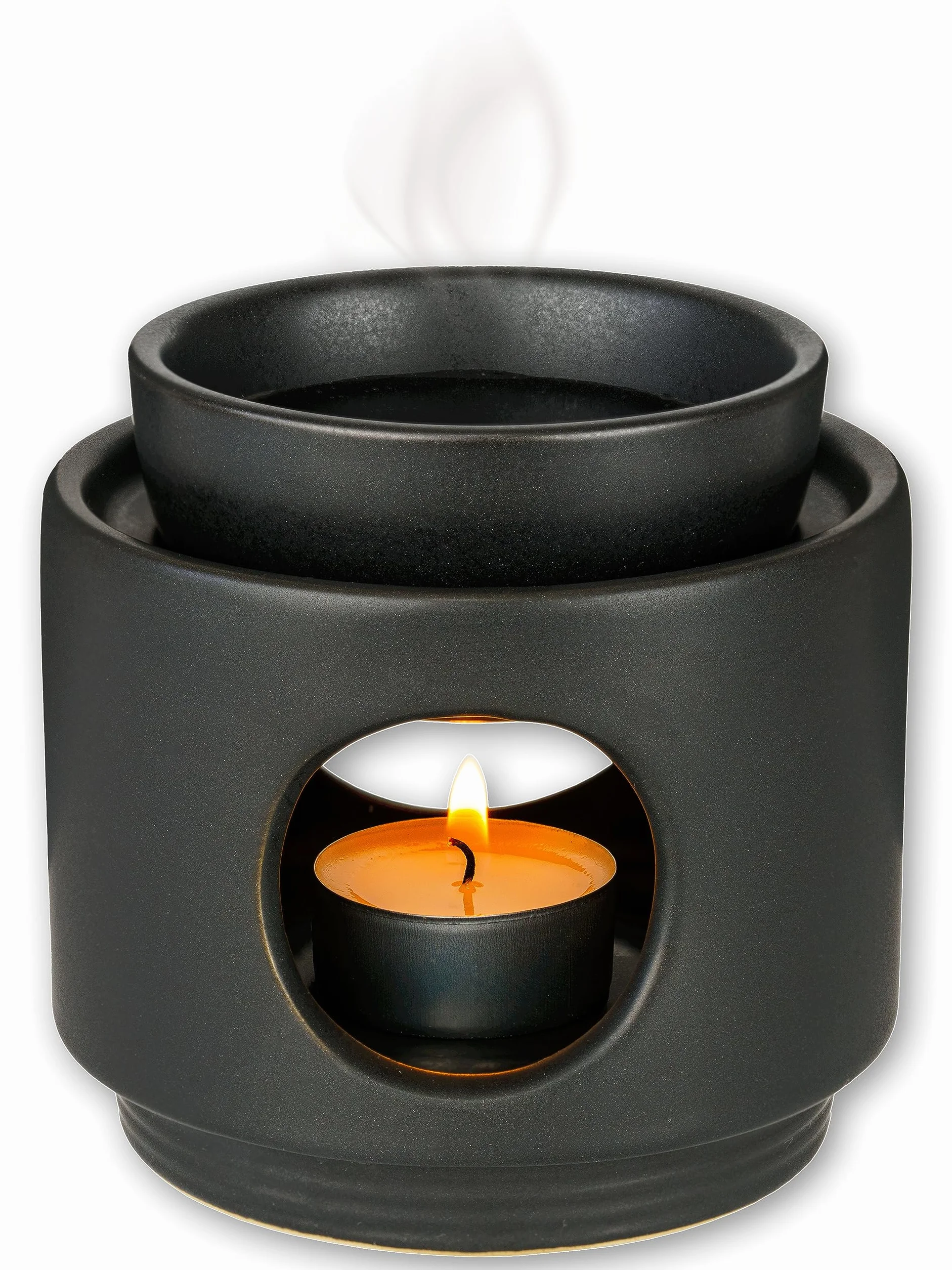 rooted. Quemador de aceite de diseño de cerámica, lámpara aromática de diseño de cerámica, quemador de velas para aceites esenciales, cera derretida, quemador de aceite para velas de té, negro mate
