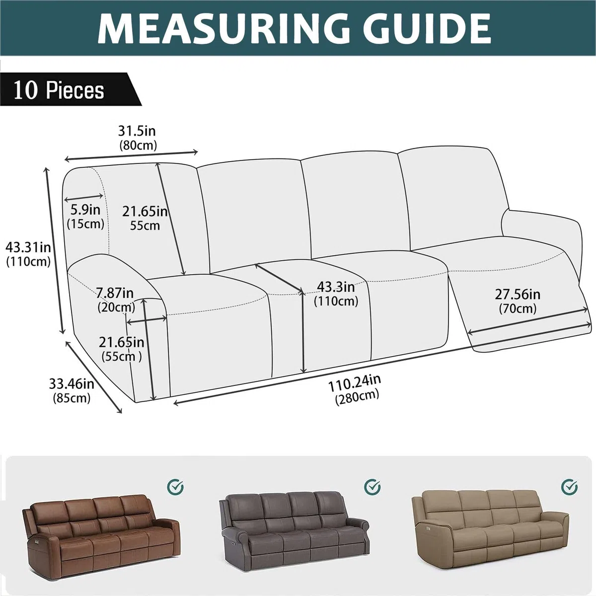 Juego de 10 fundas impermeables de cuero elástico para sofá reclinable de 4 plazas, parte inferior elástica, resistente a los arañazos, lavable, color gris pardo