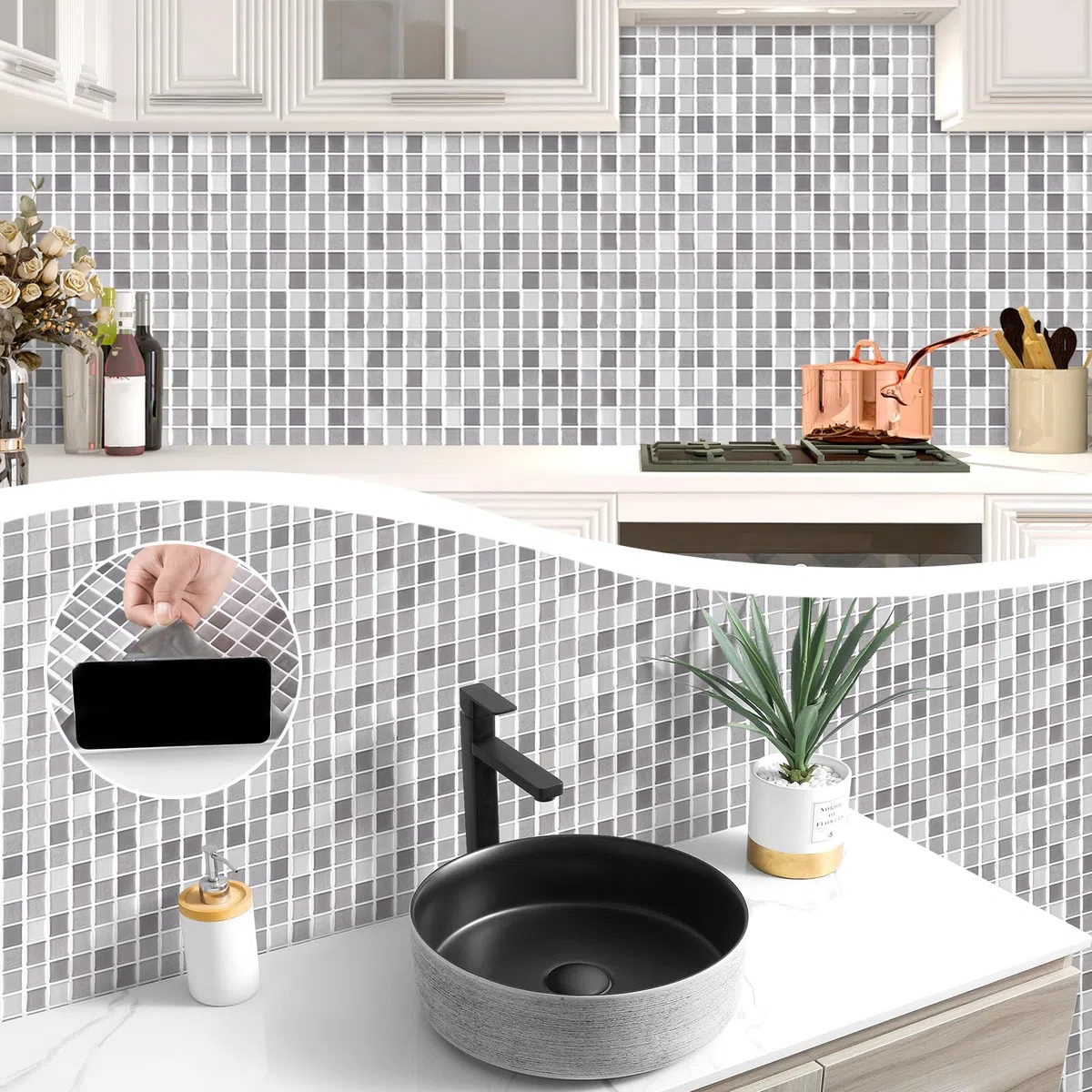 Hode Azulejos Adhesivos Cocina Baño Mosaico Gris, Decoracion Baldosas Adhesivas Pared, Impermeables Vinilos Baño Cocina Azulejos, Vinilo Adhesivo Pared 4 Piezas, 23.6x23.6cm